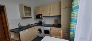 a kitchen with a sink and a washing machine at Goethe Apartment in Plauen