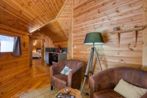 ein Wohnzimmer mit zwei Stühlen und einer Lampe in der Unterkunft kota&bain nordique privatif-le bois de la pause- in Saint-Cybranet