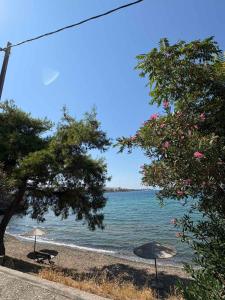 a beach with two umbrellas and the ocean at Bayfront Suite in Chalkida