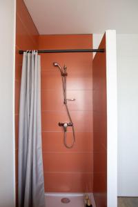 a shower with a shower curtain in a bathroom at Charmant appartement T3 in La Celle-sous-Gouzon