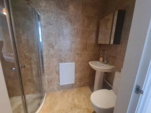 a bathroom with a shower and a toilet and a sink at Athol apartments in Sunderland