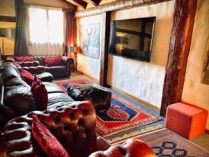Una sala de estar con un sofá de cuero y un televisor. en Alpine Chalet with Mountain Views, en Les Gets