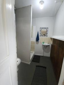 Un baño pequeño con inodoro y lavabo. en Lovely Cabin with private garden, en Noordhoek