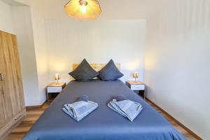 a bedroom with a blue bed with two pillows at Carl'Apartment4 Professionnel Famille WIFI parking in Carling +2 photos