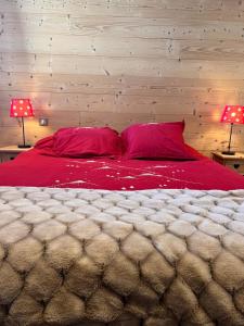 Le Zelfée appartement de 4 personnes à Albiez-Montrond في ألبيز-مونتروند: غرفة نوم بسرير ومخدات حمراء ومصباحين
