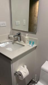 a bathroom with a sink and a mirror and a toilet at Studio en piso 29 Secrt Sabana in San José