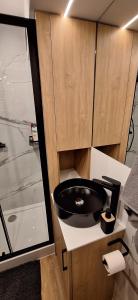a bathroom with a black sink and a shower at Apartament Barska Faktura vat in Nowy Sącz