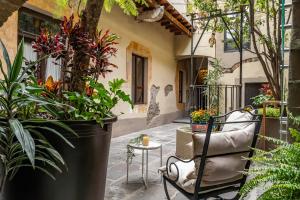 an outdoor patio with plants and a chair at Quinta Real Puebla in Puebla