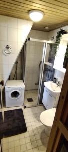 a bathroom with a sink and a washing machine at Ruska Levi - Cozy Apartment in the Center in Levi