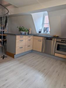 a kitchen with stainless steel appliances and a window at Ferienwohnung Ella in Dinkelsbühl