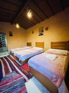 a bedroom with three beds and a rug at Serenita Camp in Siwa