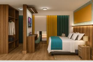 Un dormitorio con una cama y un escritorio con una silla. en Hanaqua Hotel, en Cusco