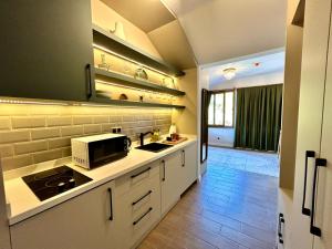 a kitchen with a sink and a microwave at Castello By Mediterra Hotel in Alanya