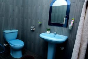 a bathroom with a blue toilet and a sink at Aetos Wellness - Tangalle in Tangalle