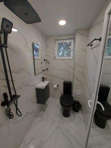 Un baño blanco con inodoro y lavabo. en Къща за гости Бела, en Targóvishte