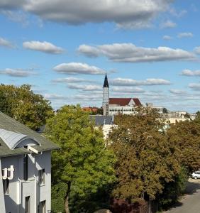 een uitzicht op een stad met een klokkentoren bij Feliz Stay in Šiauliai +3 foto's