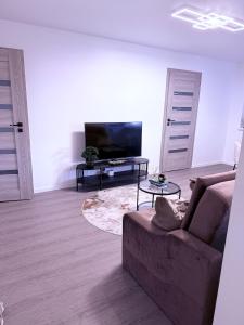 een woonkamer met een bank en een flatscreen-tv bij Feliz Stay in Šiauliai