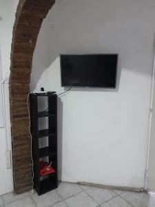 een muur met een flatscreen-tv aan een muur bij Monoambiente in La Porteña