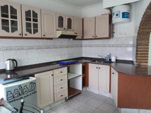 een keuken met witte kasten, een wastafel en een fornuis bij Monoambiente in La Porteña +4 foto's