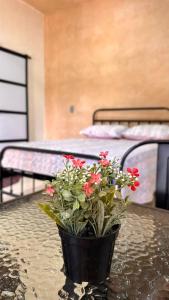 un pot de fleurs rouges sur une table avec deux lits dans l'établissement Hospedaje Jardin, à Ocosingo