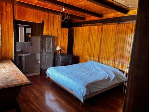 a bedroom with a bed and a wooden wall at Ancienne maison dans petit village savoyard in La Trinité +2 photos