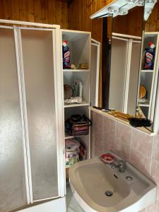 a bathroom with a sink and a toilet and shelves at Ancienne maison dans petit village savoyard in La Trinité