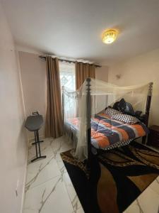 a bedroom with a bed with a mosquito net at Furnished 2BR Apt with Wi-Fi, AC, gym, pool in Kampala in Kira