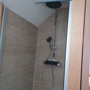 a shower with a blow dryer in a bathroom at Petite maison de vacances in Cherrueix +20 photos