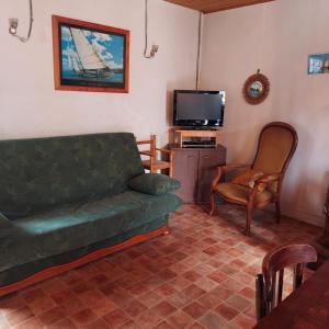 a living room with a green couch and a tv at Petite maison de vacances in Cherrueix