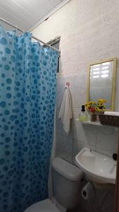 a bathroom with a blue shower curtain and a toilet at Quarto Aconchego Nordestino in Aracaju