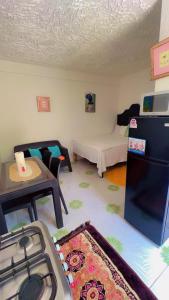 a living room with a stove and a refrigerator at Tamaras Inn in Ocho Rios