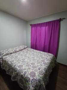 a bedroom with a bed with a purple curtain at Casa de campo La Genoveva in Río Gallegos