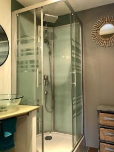 a shower with a glass door in a bathroom at City Escape Space in Chaumont
