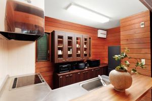 een keuken met houten wanden, een wastafel en een aanrecht bij Villa Liora Nasu in Nasu