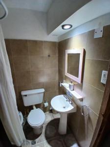 a bathroom with a toilet and a sink and a mirror at La Casa de La Linda in Salta