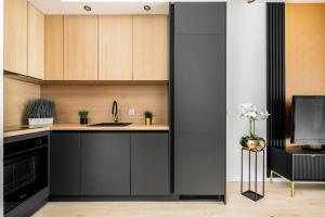 a kitchen with black cabinets and a tv at Nad Odra Gold Apartment in Szczecin