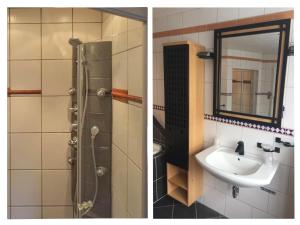 a bathroom with a shower and a sink and a mirror at Herrenhaus in Mörz +23 photos