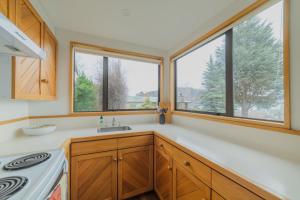 a kitchen with a stove and two windows at Manawaroto 4BR with Mountain & Lake Views in Lake Tekapo