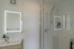 a bathroom with a shower and a sink and a mirror at Benmore Hideaway Cozy Room with Mini Kitchenette in Lake Tekapo