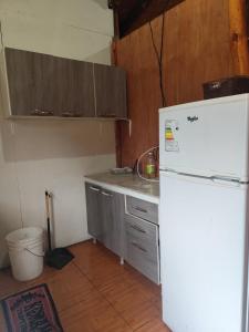 a kitchen with a white refrigerator and wooden cabinets at Foike "cabaña camino a la montaña" in Antuco