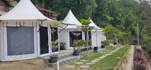a row of white tents with potted plants in them at Adelisca Glamping, Villa & Cafe in Kubupenlokan