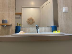 a bathroom counter with a sink and a mirror at Appartement Papeete-Airport, Parking, wifi,AC,Pool in Papeete +13 photos