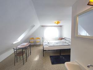 a small room with a bed and a table and chairs at Haus "Grimberg" FeWo 1-stock oder FeWo 2-stock & Zusätzliches Zimmer in Bad Elster