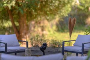 deux chaises bleues et une table avec une paire de chaussures dans l'établissement Le Bohème par Vosges Sérénité, à Épinal