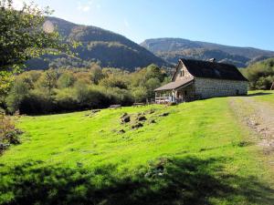 an old house on a hill with a green field at Les chalets de la forêt d'Issaux in Osse-en-Aspe
