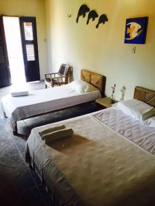 trzy łóżka w pokoju z nietoperzami na ścianie w obiekcie Pousada Sol e Mar w mieście Parajuru