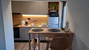 a small kitchen with a table and a refrigerator at Apartman 19 Vinkovci, klimatiziran, self check-in in Vinkovci