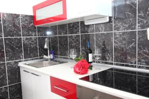 a kitchen with a sink and a counter with wine bottles at Villa Gorica Apartments Ražanj in Ražanj +58 photos