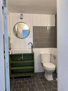 Chic & cozy Jaffa spot with a garden في تل أبيب: حمام مزود بمرحاض ومغسلة ومرآة