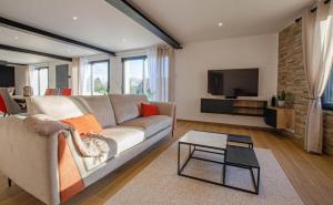 a living room with a couch and a tv at Le clos suzette in Bouranton